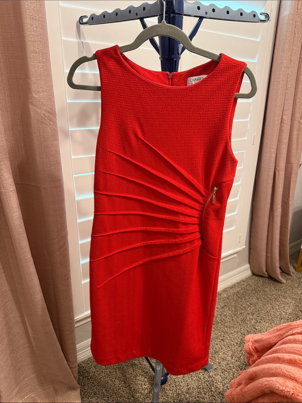 Carmen Marc Valvo Vibrant Red Sleeveless Sheath with Side Pleat Detail